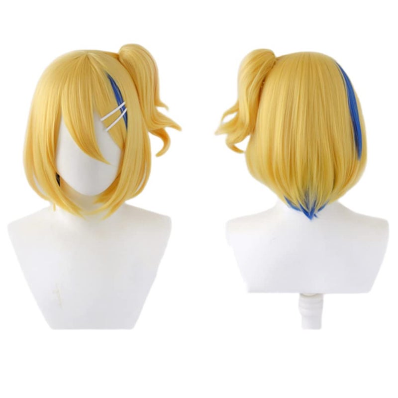 Xingwang Queen Anime Cosplay Wig Short Blonde Yellow Highlight Blue Ponytail Wigs for Women Girls Rin