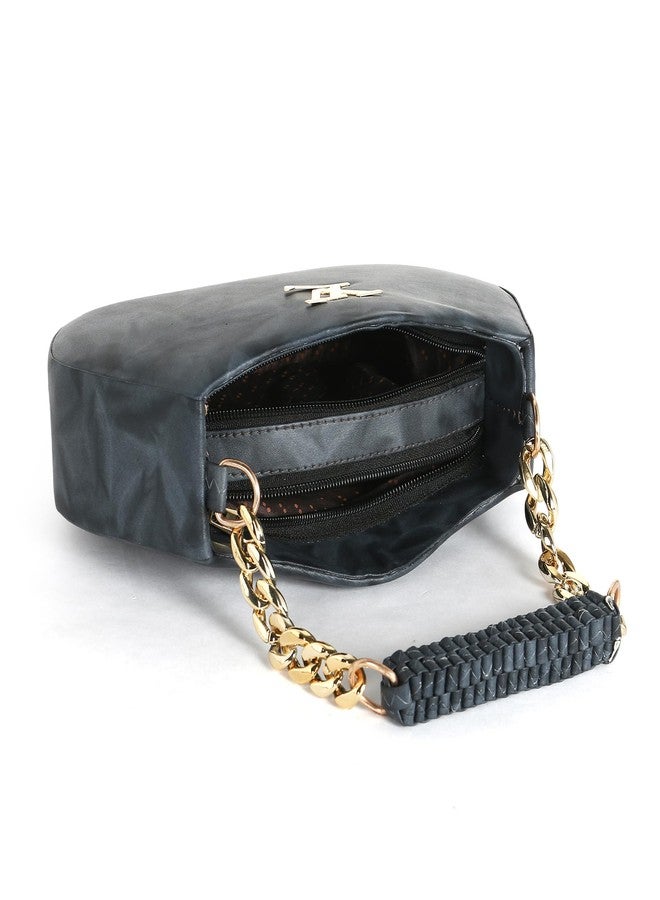 Designer Hobo Handbag, Black Faux Leather, Gold Chain Strap, Multi-Compartment, Casual Shoulder Bag with Decorative Hardware - Image 2