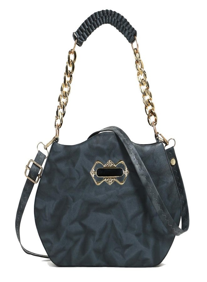 Designer Hobo Handbag, Black Faux Leather, Gold Chain Strap, Multi-Compartment, Casual Shoulder Bag with Decorative Hardware - Image 1