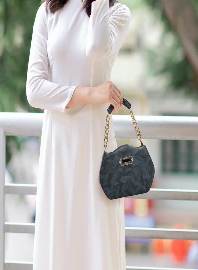 Designer Hobo Handbag, Black Faux Leather, Gold Chain Strap, Multi-Compartment, Casual Shoulder Bag with Decorative Hardware - Image 4