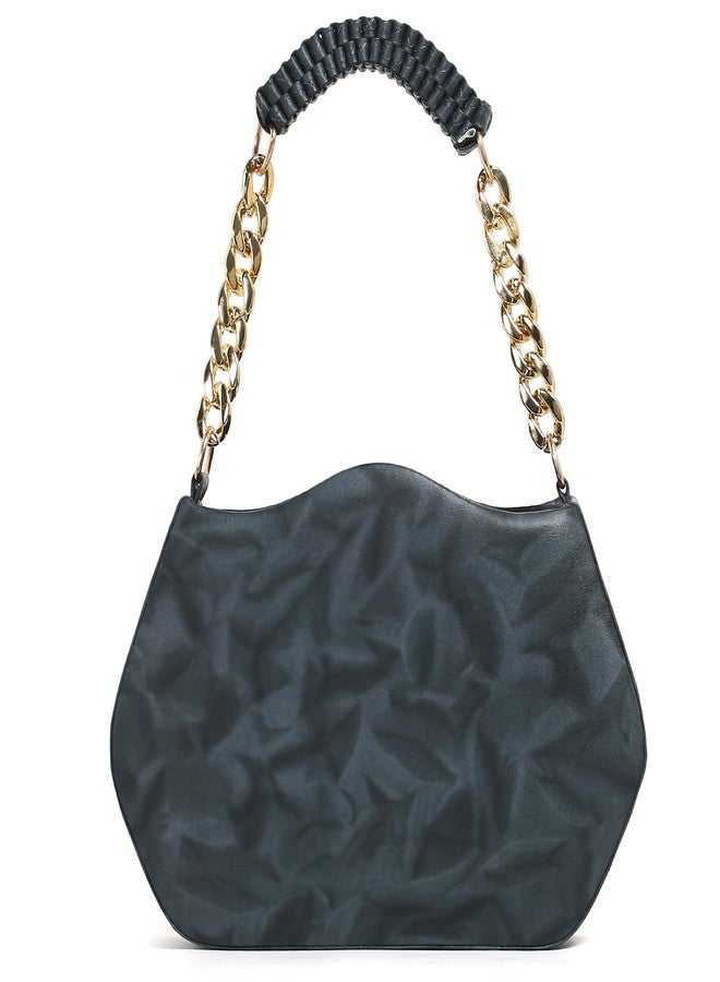 Designer Hobo Handbag, Black Faux Leather, Gold Chain Strap, Multi-Compartment, Casual Shoulder Bag with Decorative Hardware - Image 3