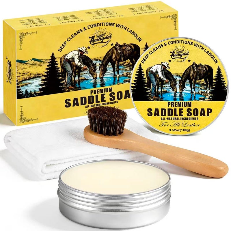 Awaydol Saddle Soap for Leather 3.52oz,3-in-1 Leather Cleaner & Conditioner to Soften,Protect Leathercraft with Horsehair Brush & Cloth,Leather Soap for Car Interior,Couch,Shoe,Purse,Boot,Bag & Saddle - Image 1