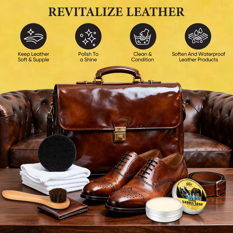 Awaydol Saddle Soap for Leather 3.52oz,3-in-1 Leather Cleaner & Conditioner to Soften,Protect Leathercraft with Horsehair Brush & Cloth,Leather Soap for Car Interior,Couch,Shoe,Purse,Boot,Bag & Saddle - Image 2