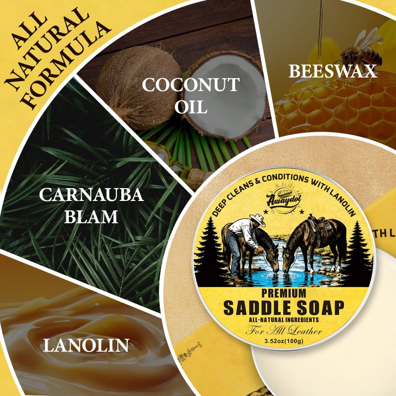 Awaydol Saddle Soap for Leather 3.52oz,3-in-1 Leather Cleaner & Conditioner to Soften,Protect Leathercraft with Horsehair Brush & Cloth,Leather Soap for Car Interior,Couch,Shoe,Purse,Boot,Bag & Saddle - Image 3