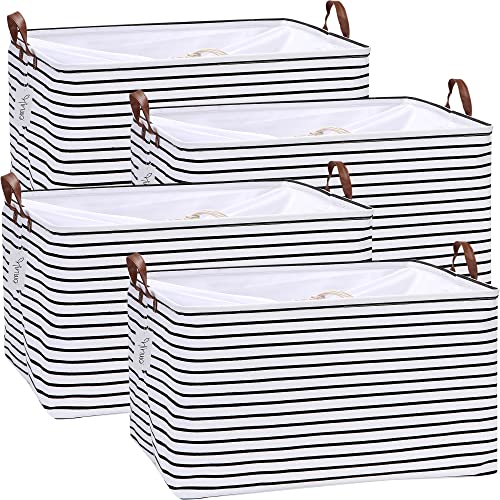 Hinwo 4-Pack Extra Large Canvas Fabric Storage Baskets with Handles, 70L Oversized Storage Bins, Collapsible Storage Box, Clothes, Toys, Blankets Organizers, 22 x 15 x 13 inches, (Black Stripe) - Image 1