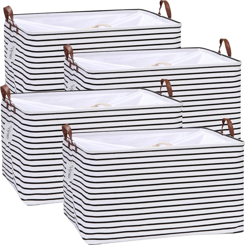 Hinwo 4-Pack Extra Large Canvas Fabric Storage Baskets with Handles, 70L Oversized Storage Bins, Collapsible Storage Box, Clothes, Toys, Blankets Organizers, 22 x 15 x 13 inches, (Black Stripe) - Image 5