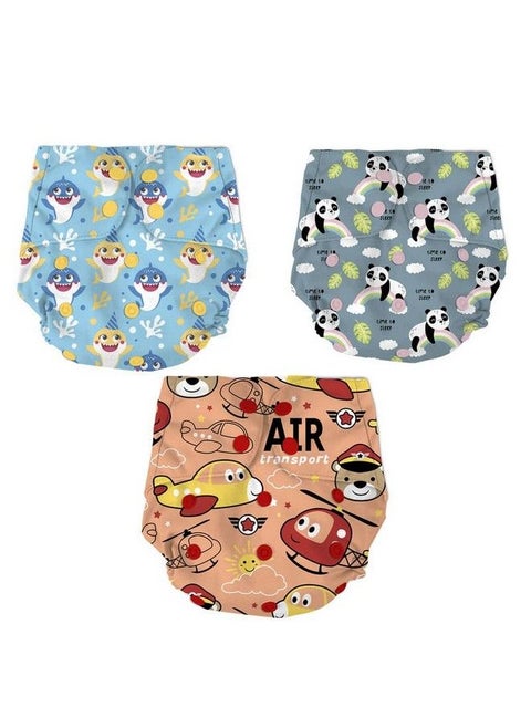 0 To 3 Yrs Baby Freesize Ultrahygiene Baby Shark + Air + Panda Extra Soft Cloth Diaper 5Hrs Absorbency ; Washable & Reusable Diaper And Cotton Soaker(Pack Of 3)