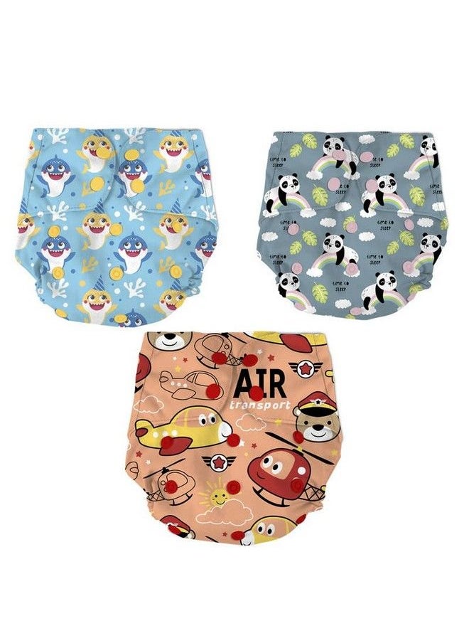 Bumtum - 0 To 3 Yrs Baby Freesize Ultrahygiene Baby Shark + Air + Panda Extra Soft Cloth Diaper 5Hrs Absorbency ; Washable & Reusable Diaper And Cotton Soaker(Pack Of 3) - Image 1