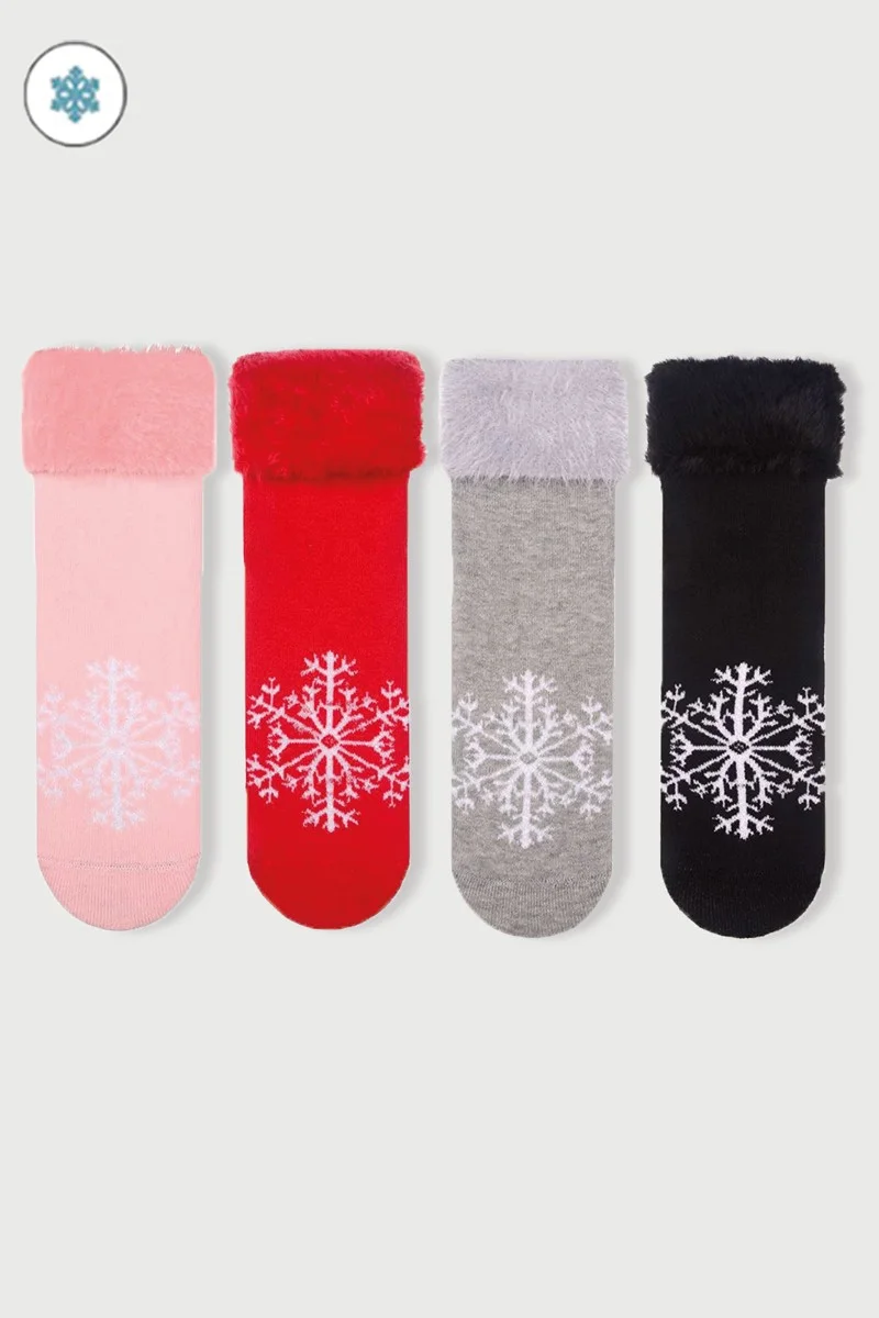 Mem Socks 4-Piece Snowflake Patterned Anti-Slip Towel Children's Socks