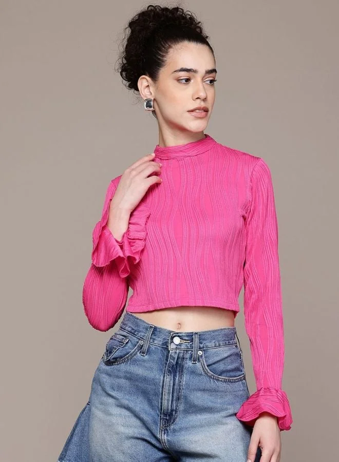 Freehand  Women Regular Fit Textured Round Neck Long Sleeve Regular Top  | Best Price UAE