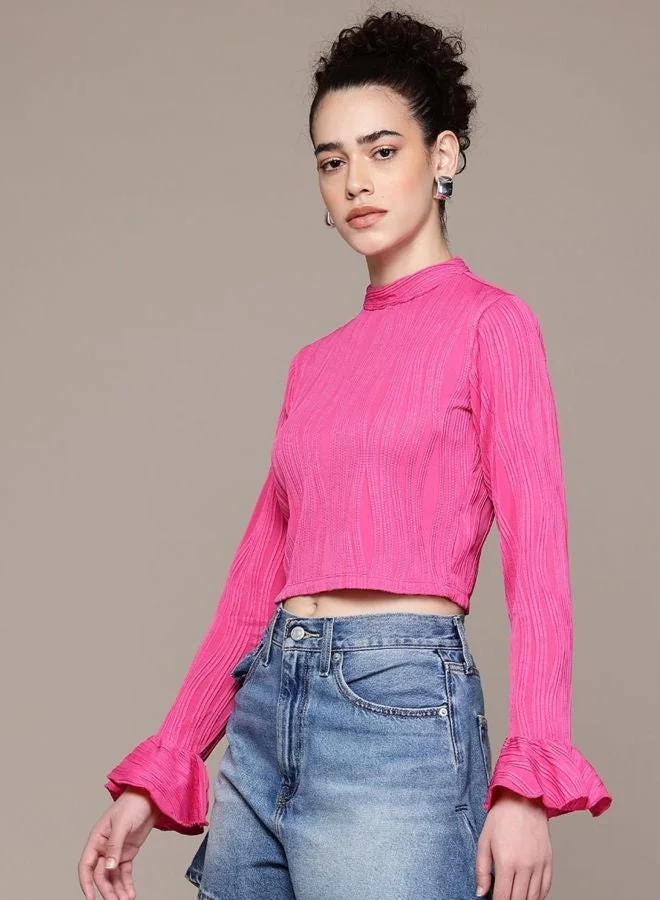 Women Regular Fit Textured Round Neck Long Sleeve Regular Top