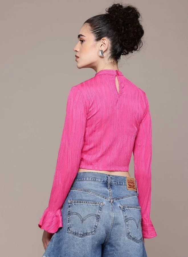 Freehand  Women Regular Fit Textured Round Neck Long Sleeve Regular Top  | Best Price UAE