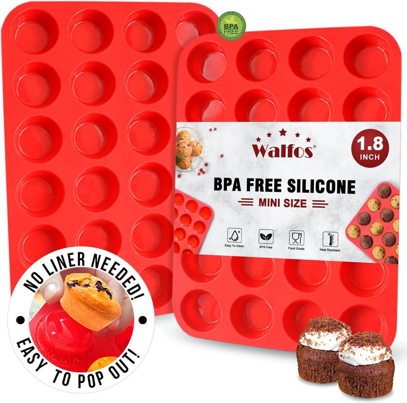 Walfos مجموعة قوالب ولفوس سيليكون للكب كيك، قطعتان صغيرتان 24 كوب لخبز المافن، خالٍ من BPA وآمن للغسالة الصحون، غير لاصق، رائع لصنع كيك المافن، فطائر الدهون - Image 1