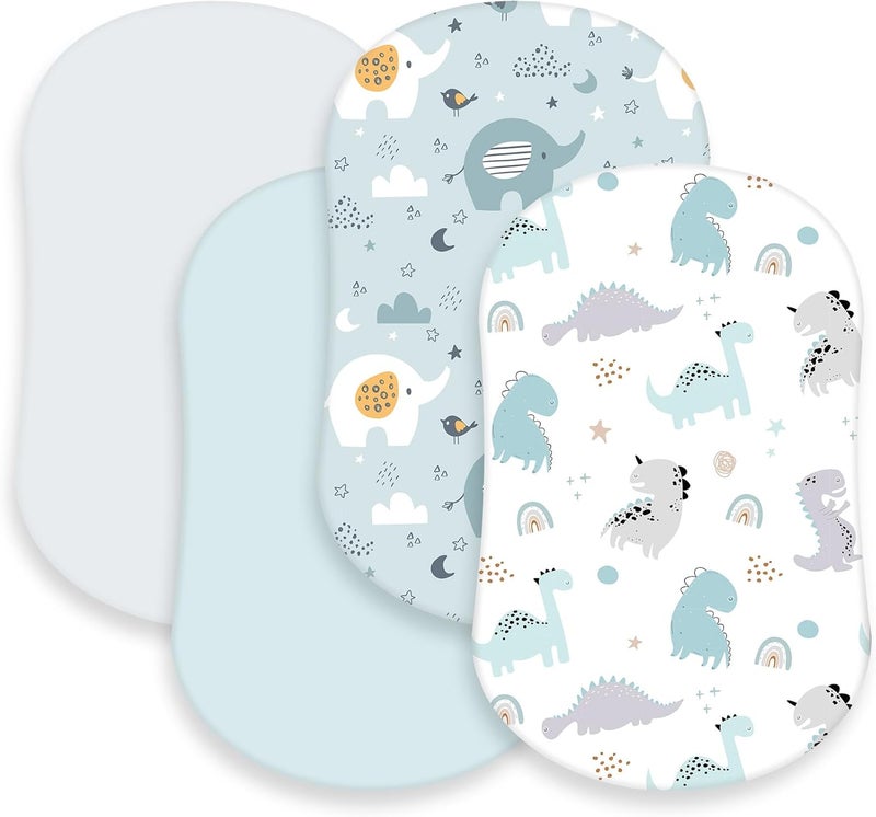 Rtteri 4 Pcs Baby Bassinet Sheets Soft Fitted for Baby Boys Girls Soft Cotton Animals Bassinet Sheet Cover Safe Comfort for Standard Rectangular Mattress Cradle Elephant Dinosaur - Image 1