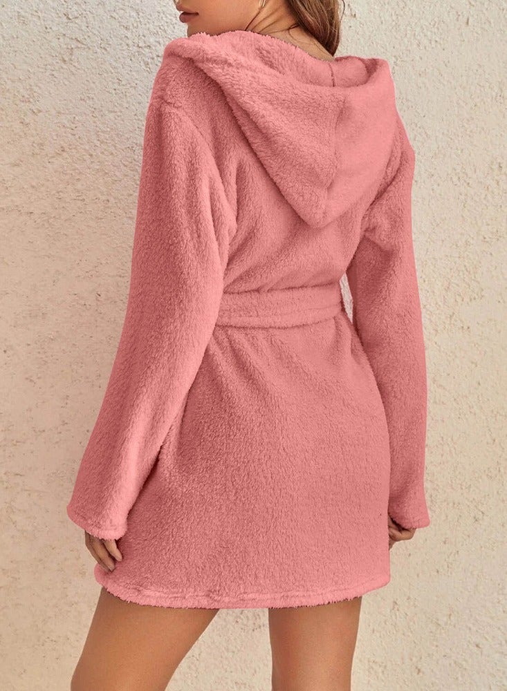 Women Hooded Bathrobe Fleece Lightweight Soft Plush Flannel Sleepwear Fleece Hooded Bathrobes Night Sleepwear Women's Mid Length Plush Robe  - Image 2