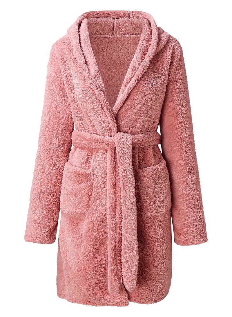 Women Hooded Bathrobe Fleece Lightweight Soft Plush Flannel Sleepwear Fleece Hooded Bathrobes Night Sleepwear Women's Mid Length Plush Robe  - Image 3