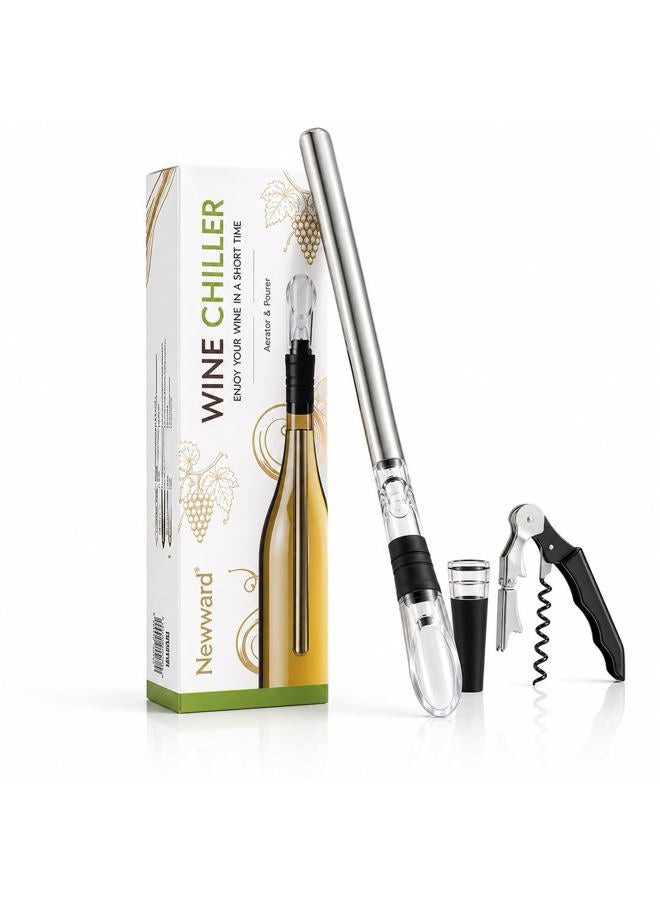 Newward Iceless Wine Chiller, 3-in-1 Stainless Steel Wine Bottle Cooler Stick with Aerator and Pourer - Includes a Waiter's Corkscrew and Stopper - Image 1