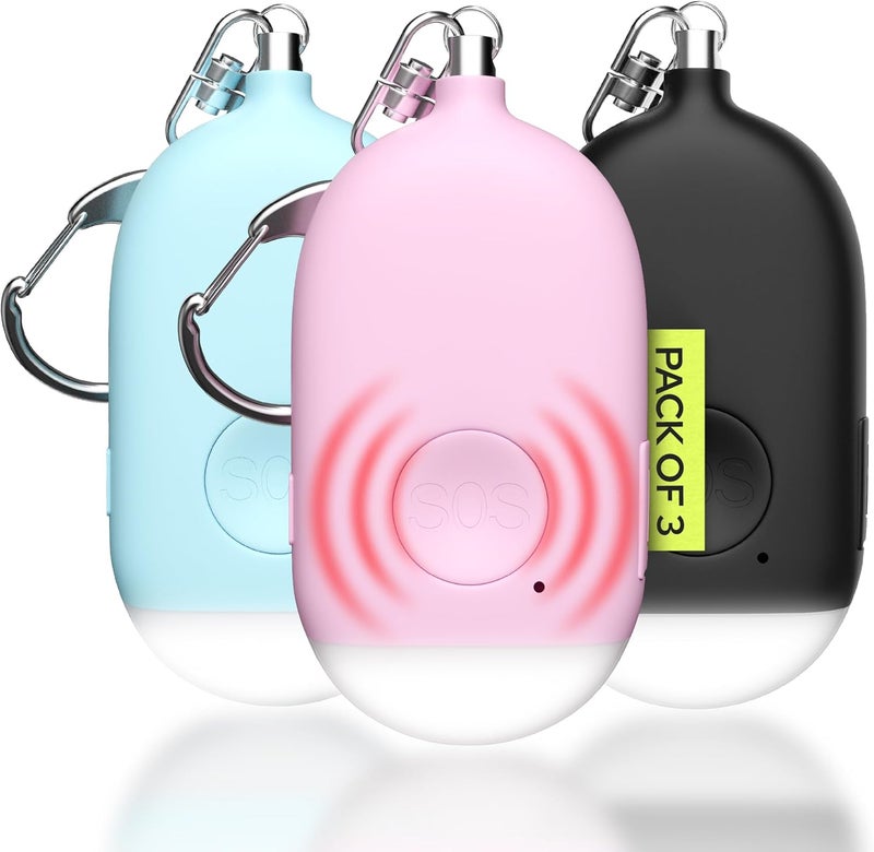 WETEN Rechargeable Personal Alarm Keychain - 130dB Siren, LED Light - 3Pack Personal Safety Alert for Women to Carry - Panic Button Alarm for Security - Rape Whistle for Self Defense (Black&Pink&Blue) - Image 1
