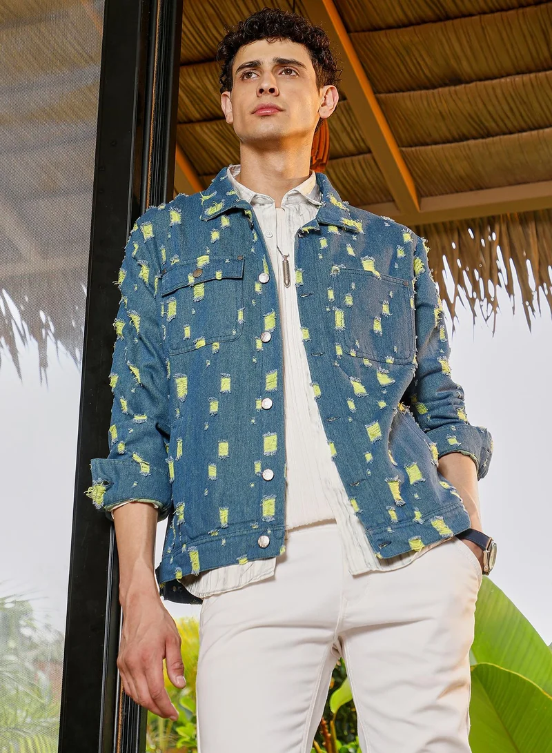 Campus Sutra Men's Distressed-Jacquard Denim Jacket | Spread Collar , Long Cuffed Sleeves , Button Closure , Straight Hem | Abstract Woven Jacquard For Casual & Daily | Indigo Blue