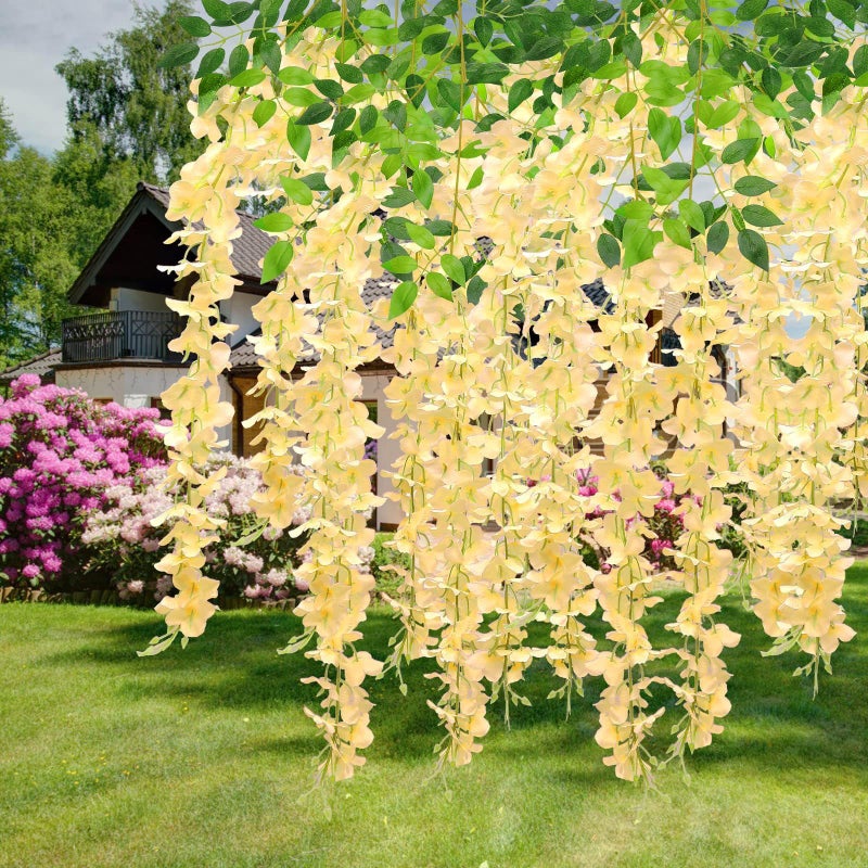 WEISPARK Fake Hanging Flowers - 12 Pieces 3.75 Feet/Piece Artificial Wisteria Vine Ratta Hanging Garland Silk Flowers for Home Party Wedding Decor (Champagne) - Image 3