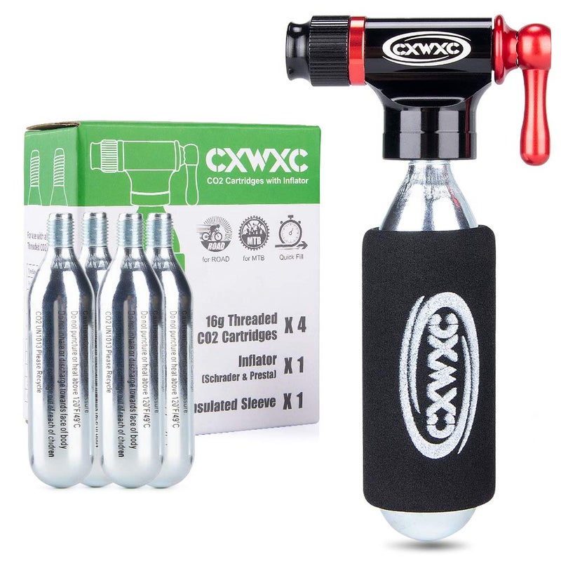 CXWXC CO2 Inflator Kit with 4 x16g CO2 Cartridges - Presta & Schrader Valve Compatible - CO2 Bike Pump for Road and Mountain Bikes - Image 1