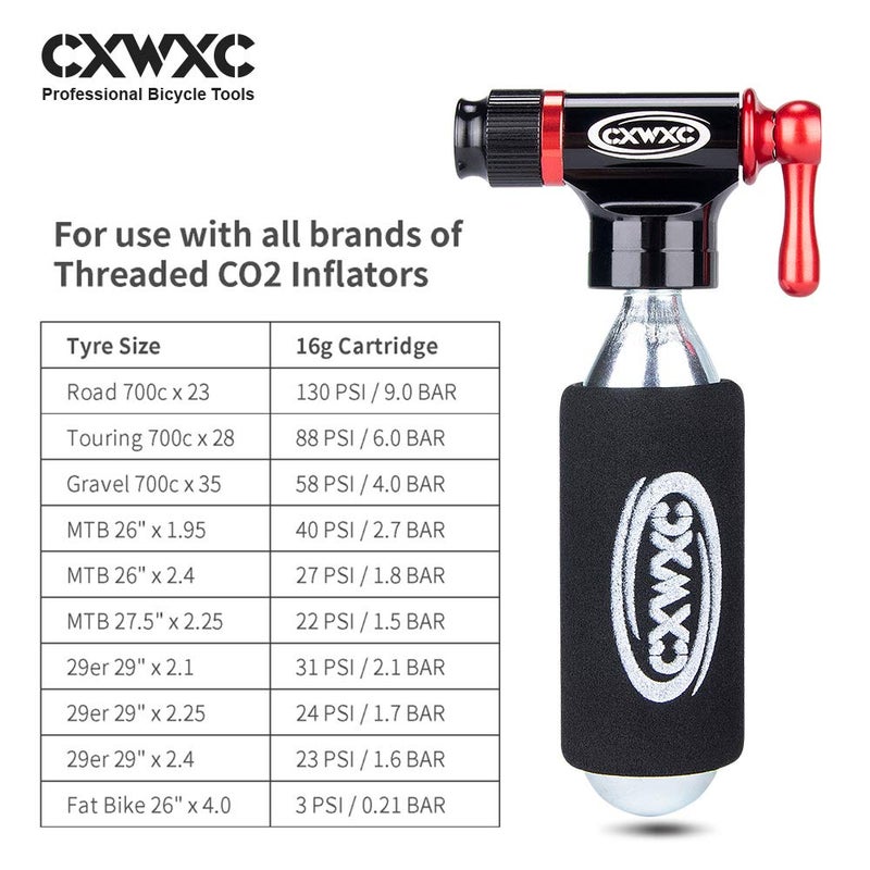 CXWXC CO2 Inflator Kit with 4 x16g CO2 Cartridges - Presta & Schrader Valve Compatible - CO2 Bike Pump for Road and Mountain Bikes - Image 5