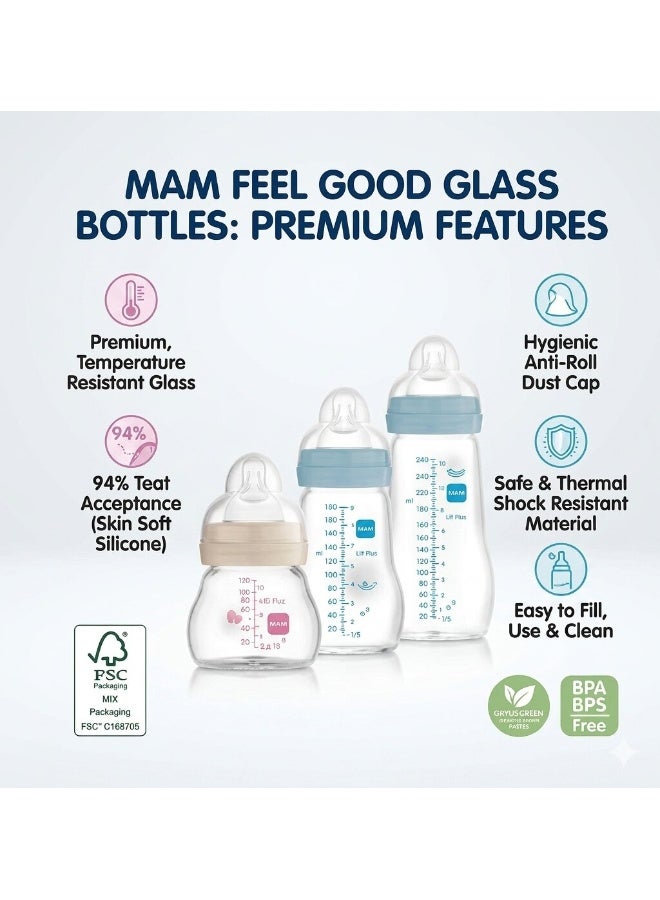 MAM Feel Good Glass Baby Bottle, 90 ml with Size 0 Slow-Flow Teat, Girl - Image 3