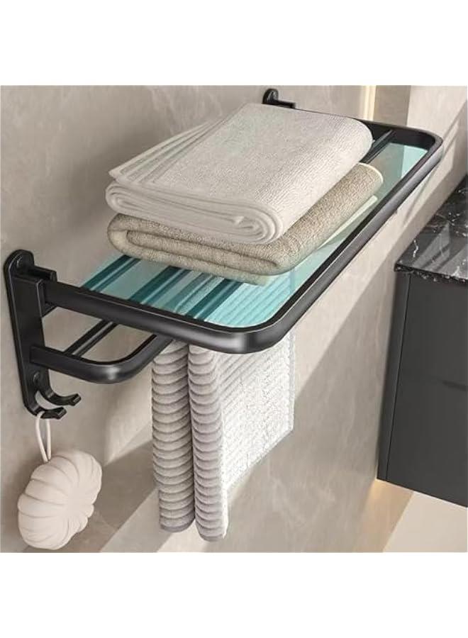 حامل مناشف قابل للطي بدون ثقب لجدار الحمام من بايبي، حامل مناشف اسود غير لامع، اكسسوارات الحمام، رف مع قضبان مناشف مزدوجة وخطافات (60 سم) - Image 5