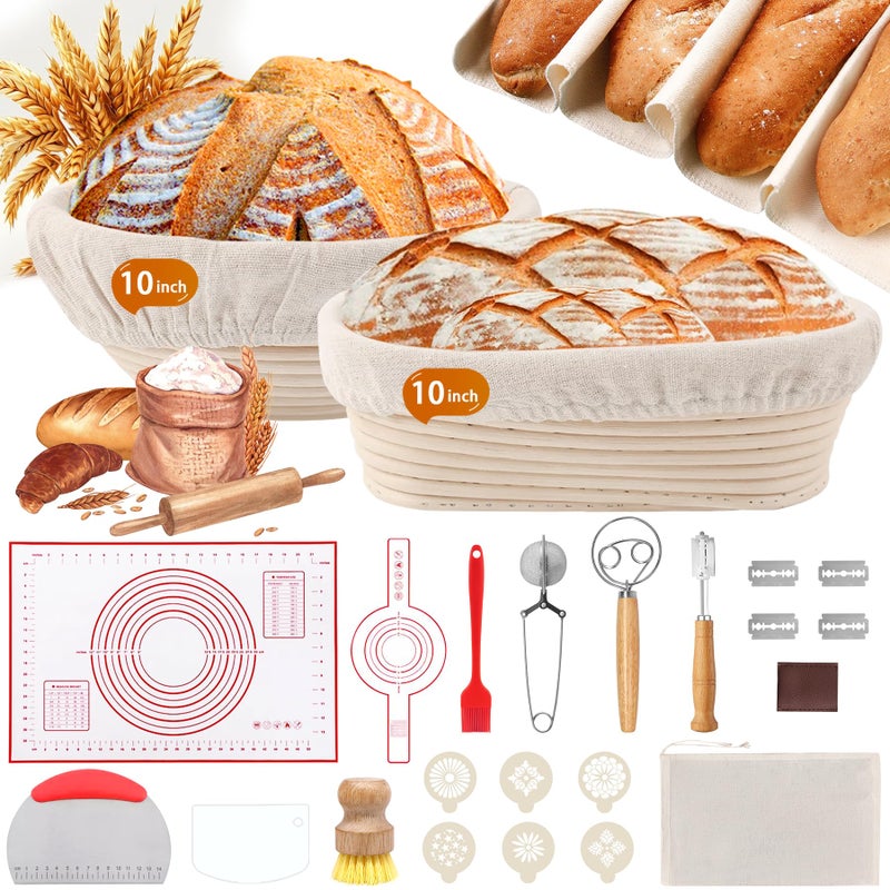 PeacePeo Sourdough Bread Baking Supplies, Sourdough Starter Kit for Bread Making Includes 10" Round & Oval Banneton Bread Proofing Basket with Liners Sourdough Kit for Making Baking Fermentation - Image 1