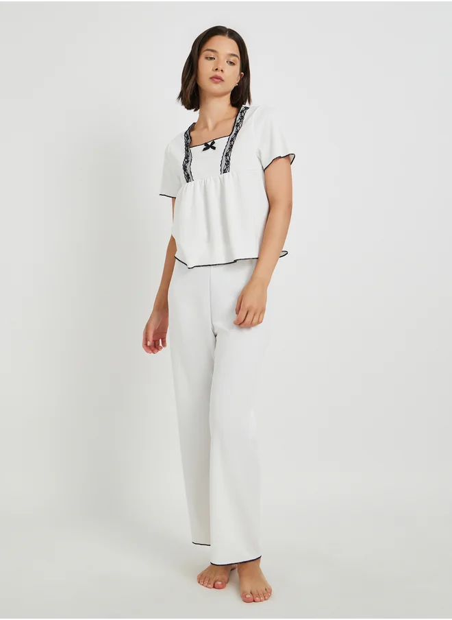 Take Two Take Two Square Neck Lace Detail T-Shirt and Pyjama Set