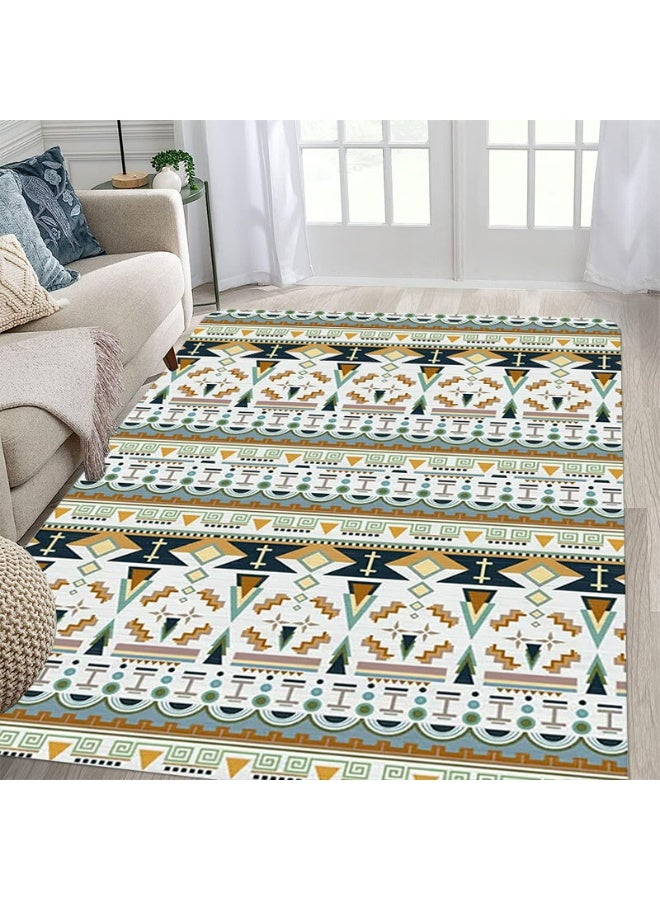 Polyester Layered Geometric Stripe Area Rug, Off-White Multi-Color, Indoor Outdoor Mat - Image 1
