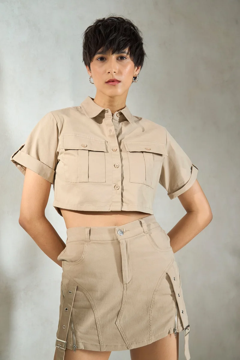 فيرجيو Cotton Stretch Daywear Buckle Up Crop Shirts for Women