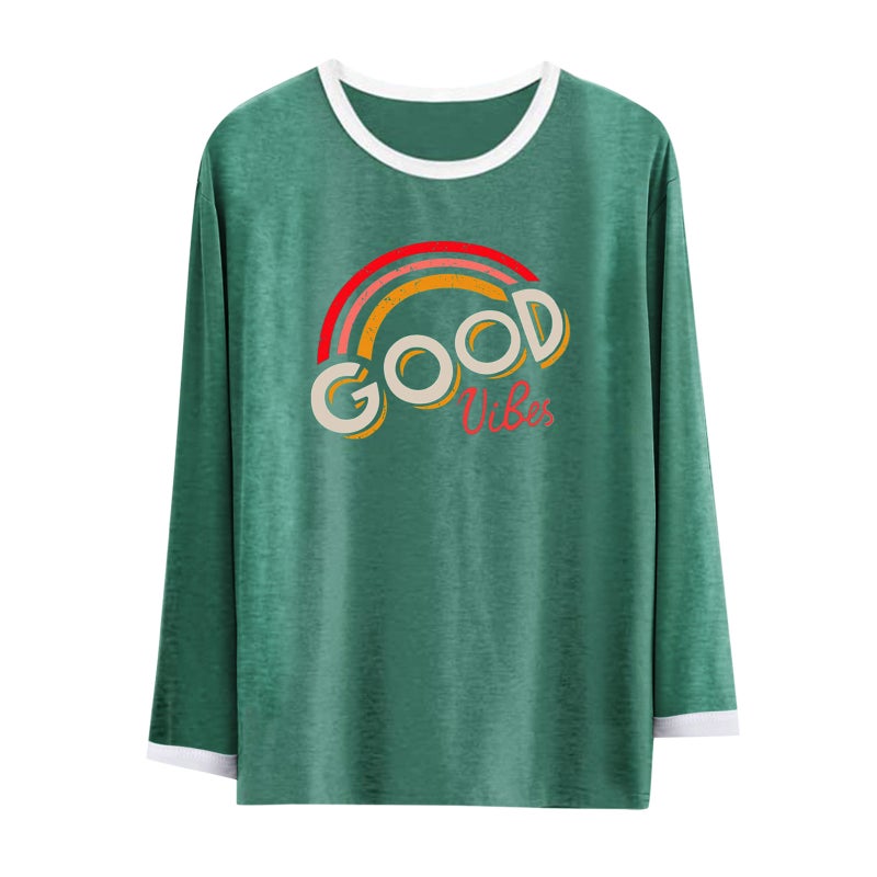 European and American Amazon Hot Selling Womens Top GOOD VIBES Rainbow Pattern Printed Round Neck Short/Long Sleeve t Green long sleeve
