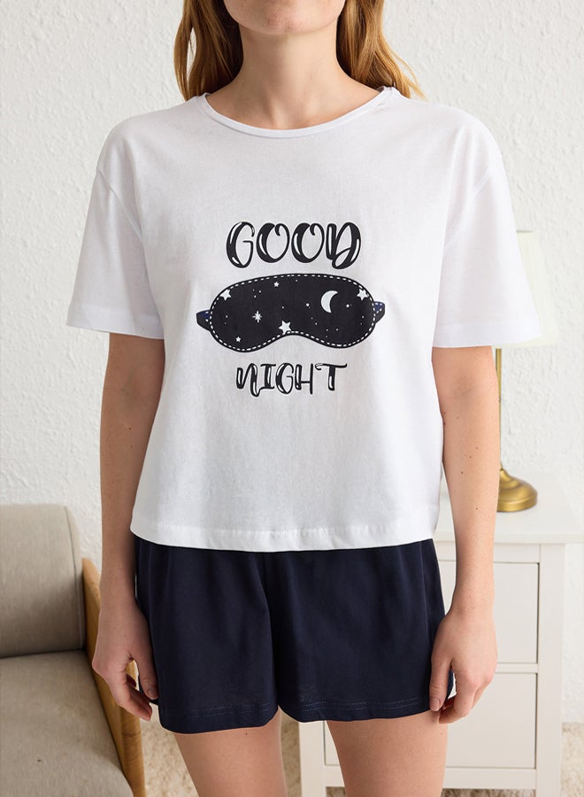 trendyol White % Cotton Slogan Printed Knitted Pajama Set with Shorts - Image 3