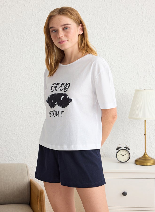 trendyol White % Cotton Slogan Printed Knitted Pajama Set with Shorts - Image 2