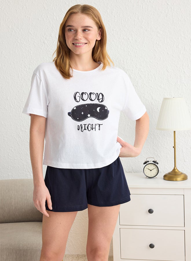 trendyol White % Cotton Slogan Printed Knitted Pajama Set with Shorts - Image 1