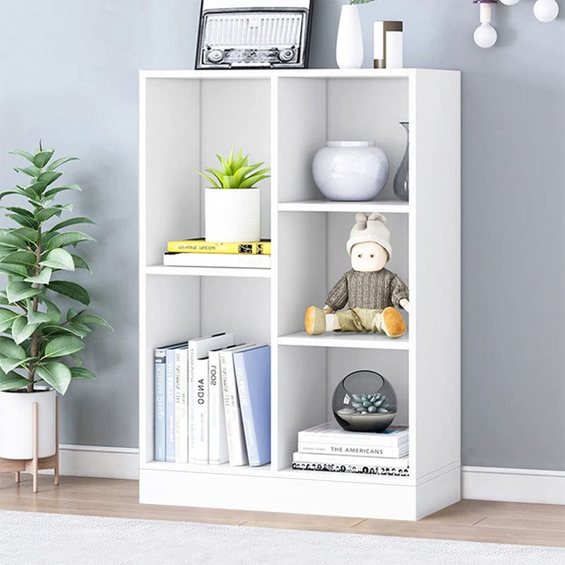 IOTXY Open Shelf Low Bookcase - Wooden 3-Tier Floor Standing Display Cabinet Organizer with Base, 5 Cubes Short Horizontal Bookshelf in Warm White - Image 1