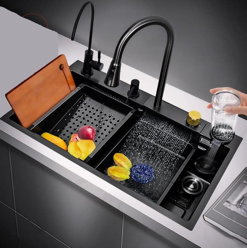 INKSPOT Handmade 30x18x9 Inches Stainless steel Kitchen sinkIntegrated Waterfall and Pulldown Faucet SetMultifunction SinkSink with Complete Accessories SetMatte Finish - Image 1
