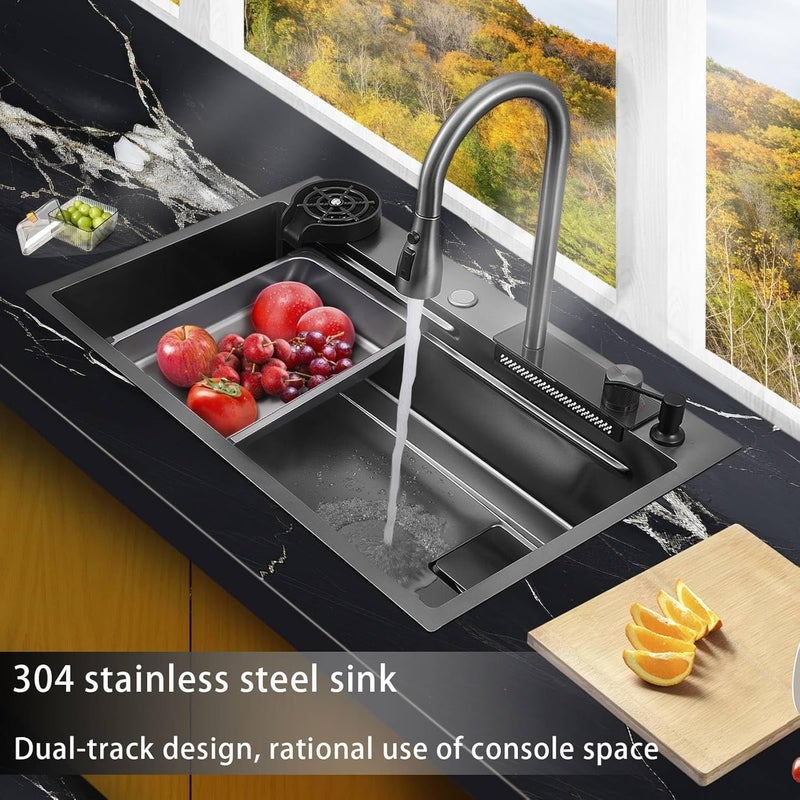 INKSPOT Handmade 30x18x9 Inches Stainless steel Kitchen sinkIntegrated Waterfall and Pulldown Faucet SetMultifunction SinkSink with Complete Accessories SetMatte Finish - Image 2