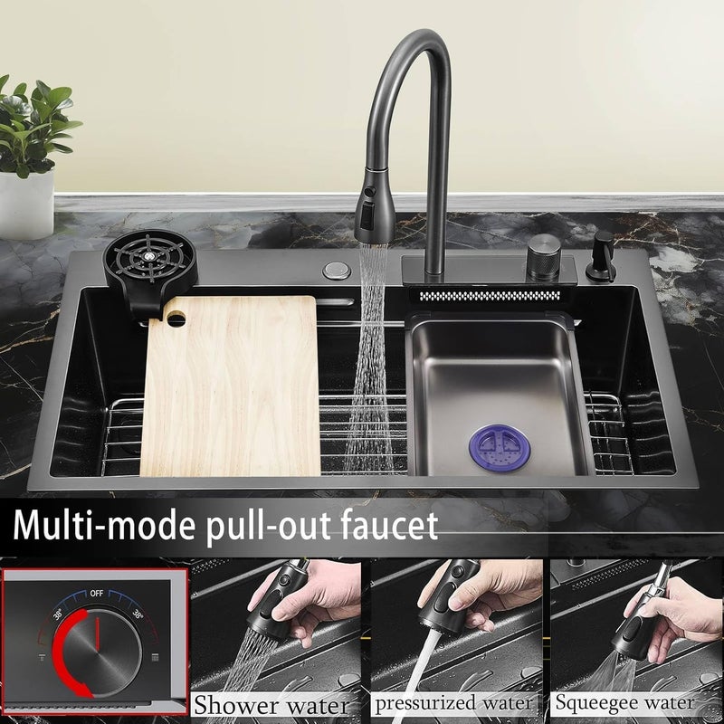 INKSPOT Handmade 30x18x9 Inches Stainless steel Kitchen sinkIntegrated Waterfall and Pulldown Faucet SetMultifunction SinkSink with Complete Accessories SetMatte Finish - Image 3