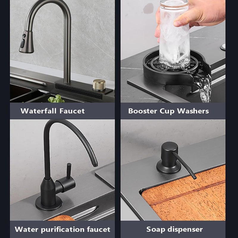 INKSPOT Handmade 30x18x9 Inches Stainless steel Kitchen sinkIntegrated Waterfall and Pulldown Faucet SetMultifunction SinkSink with Complete Accessories SetMatte Finish - Image 4