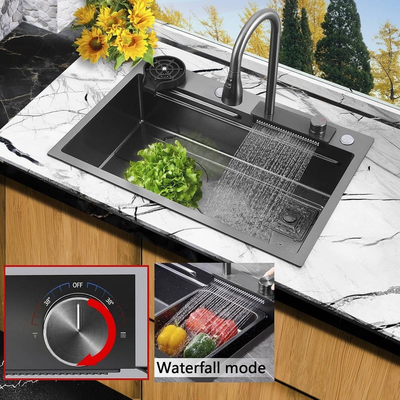 INKSPOT Handmade 30x18x9 Inches Stainless steel Kitchen sinkIntegrated Waterfall and Pulldown Faucet SetMultifunction SinkSink with Complete Accessories SetMatte Finish - Image 5