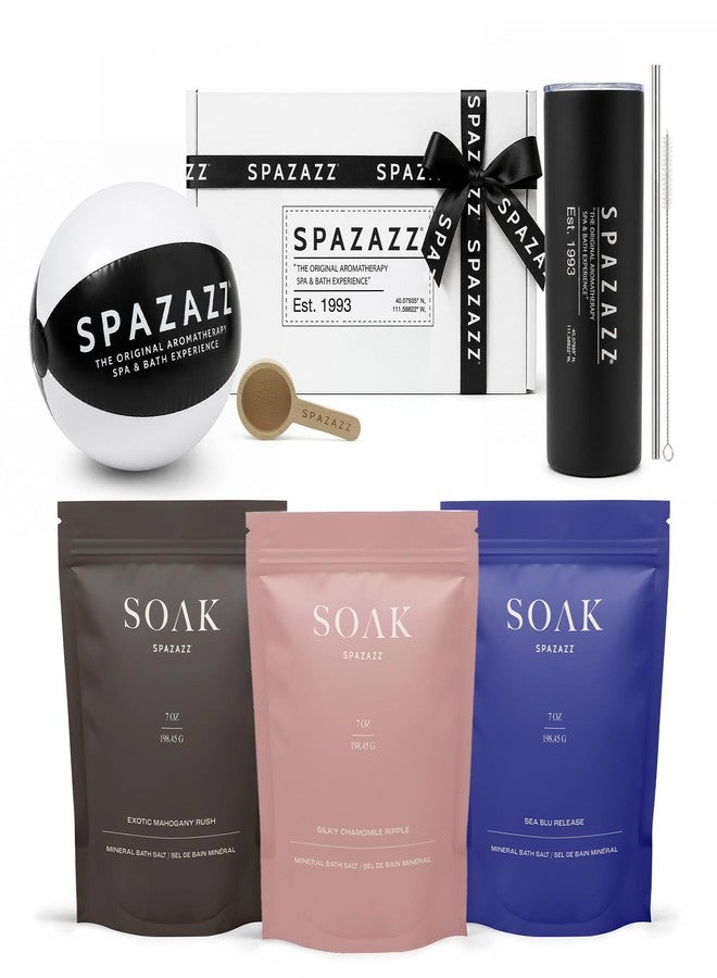 Spazazz Soak Bag Gift Set - 7oz Exotic Mahogany Rush, Silky Chamomile Ripple & Sea Blu Release Aromatherapy Bath Soak with Bath Salt Scoop, Tumbler, Straw & Mini Beach Ball - Image 1