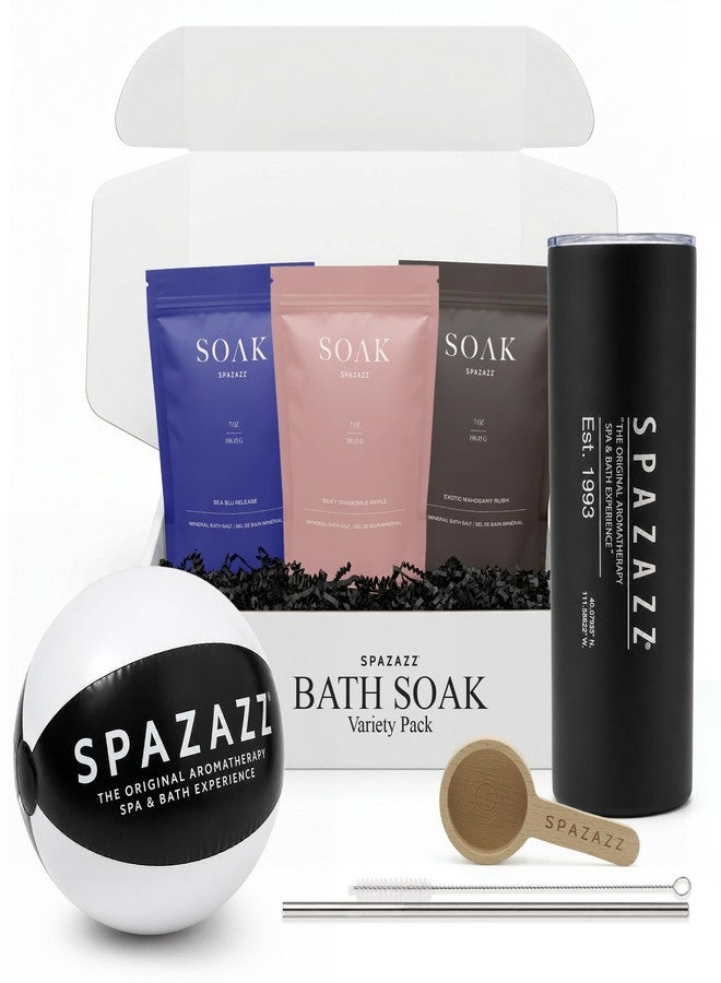 Spazazz Soak Bag Gift Set - 7oz Exotic Mahogany Rush, Silky Chamomile Ripple & Sea Blu Release Aromatherapy Bath Soak with Bath Salt Scoop, Tumbler, Straw & Mini Beach Ball - Image 2