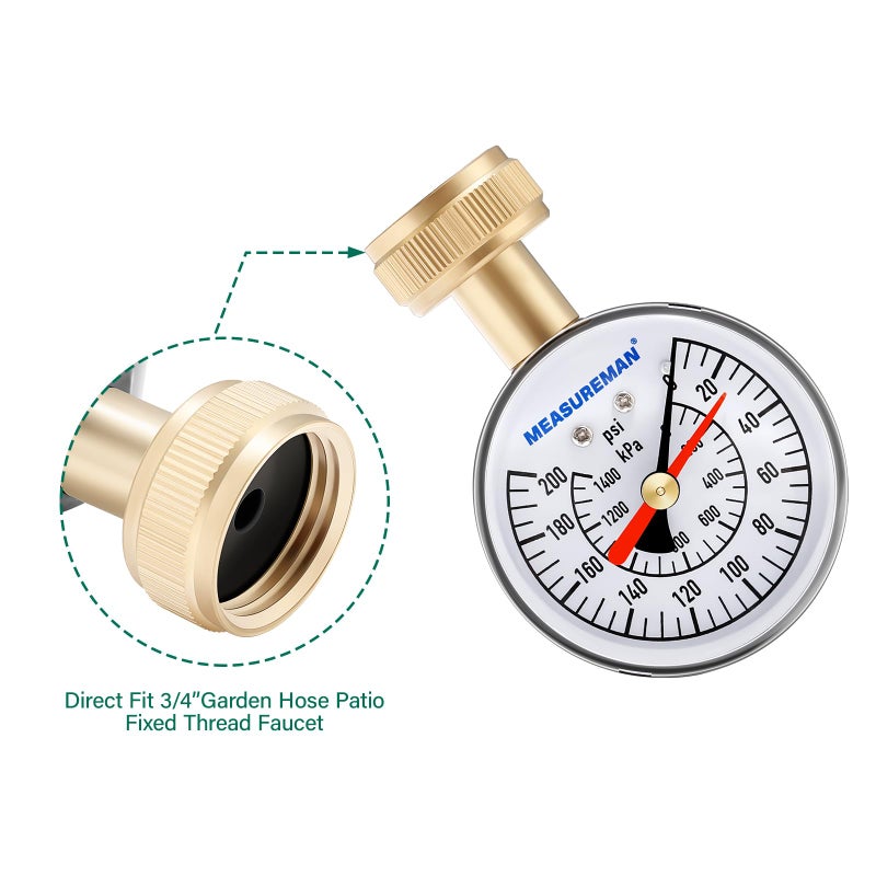MEASUREMAN 2-1/2" Water Pressure Test Gauge - 0-200psi/kpa, 3/4" Female Garden Hose Thread, Memory Red Pointer, Garden Hose Pressure Tester - Image 2