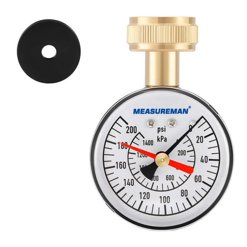 MEASUREMAN 2-1/2" Water Pressure Test Gauge - 0-200psi/kpa, 3/4" Female Garden Hose Thread, Memory Red Pointer, Garden Hose Pressure Tester - Image 1