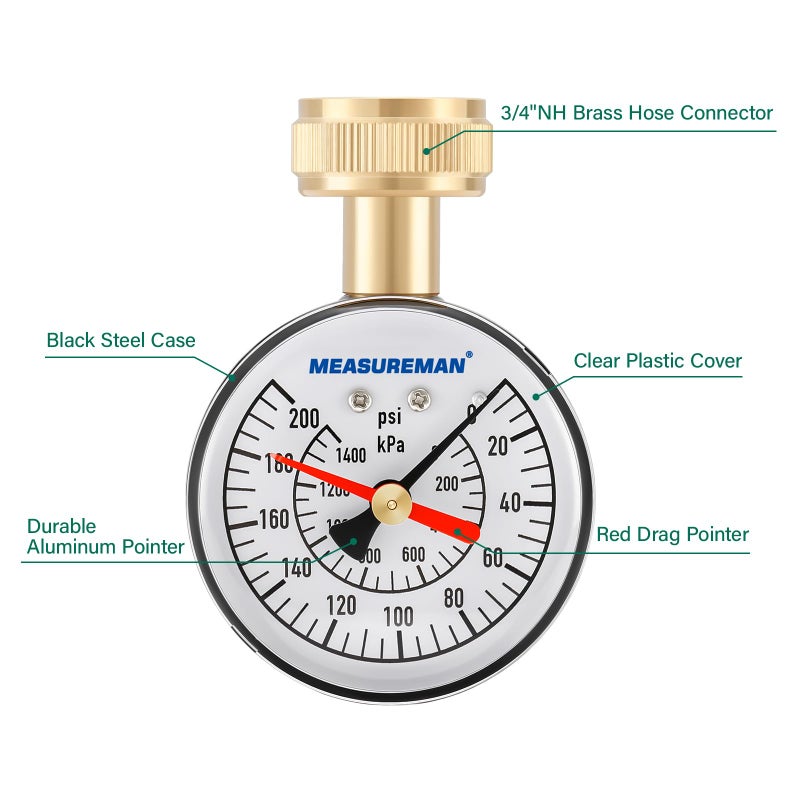 MEASUREMAN 2-1/2" Water Pressure Test Gauge - 0-200psi/kpa, 3/4" Female Garden Hose Thread, Memory Red Pointer, Garden Hose Pressure Tester - Image 3