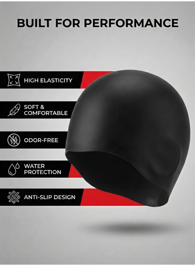 HASTE Silicone Swimming Cap for Men & Women - Waterproof, Anti-Slip, Stretchable Swim Hat - Black Unisex - Image 2