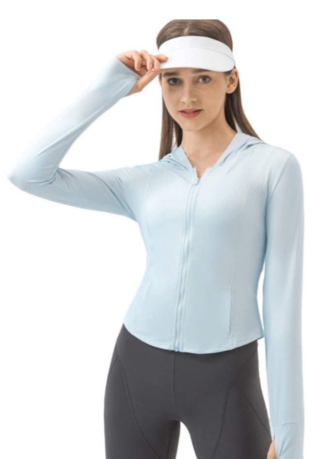 Brilliant Hooded Original Yarn Sun Protection Clothing Cream Sweet Girl Style Short Slim Jacket  Water White Blue L Size - Image 1