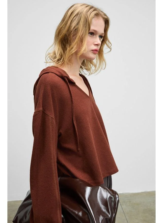 GRIMELANGE ESSENCE Women's Soft and Stretchable Fabric V-Neck Hooded Brown Sweatshirt.